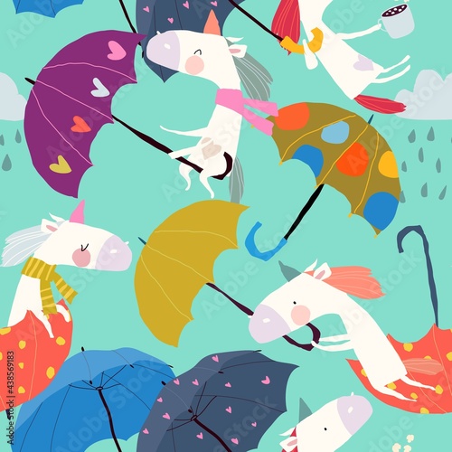 Seamless Pattern with Funny Unicorns flying with Umbrellas in the Sky