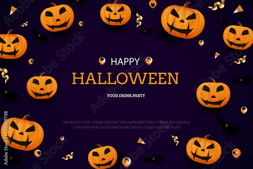 happy halloween on purple background and some pumpkin decoration, candy and small ribbon.