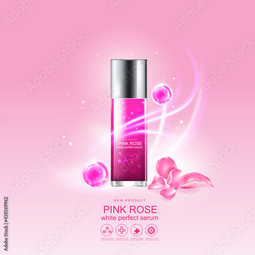 Rose Collagen Solution Serum  and Vitamin Pink Background for Skin Care Cosmetic concept.