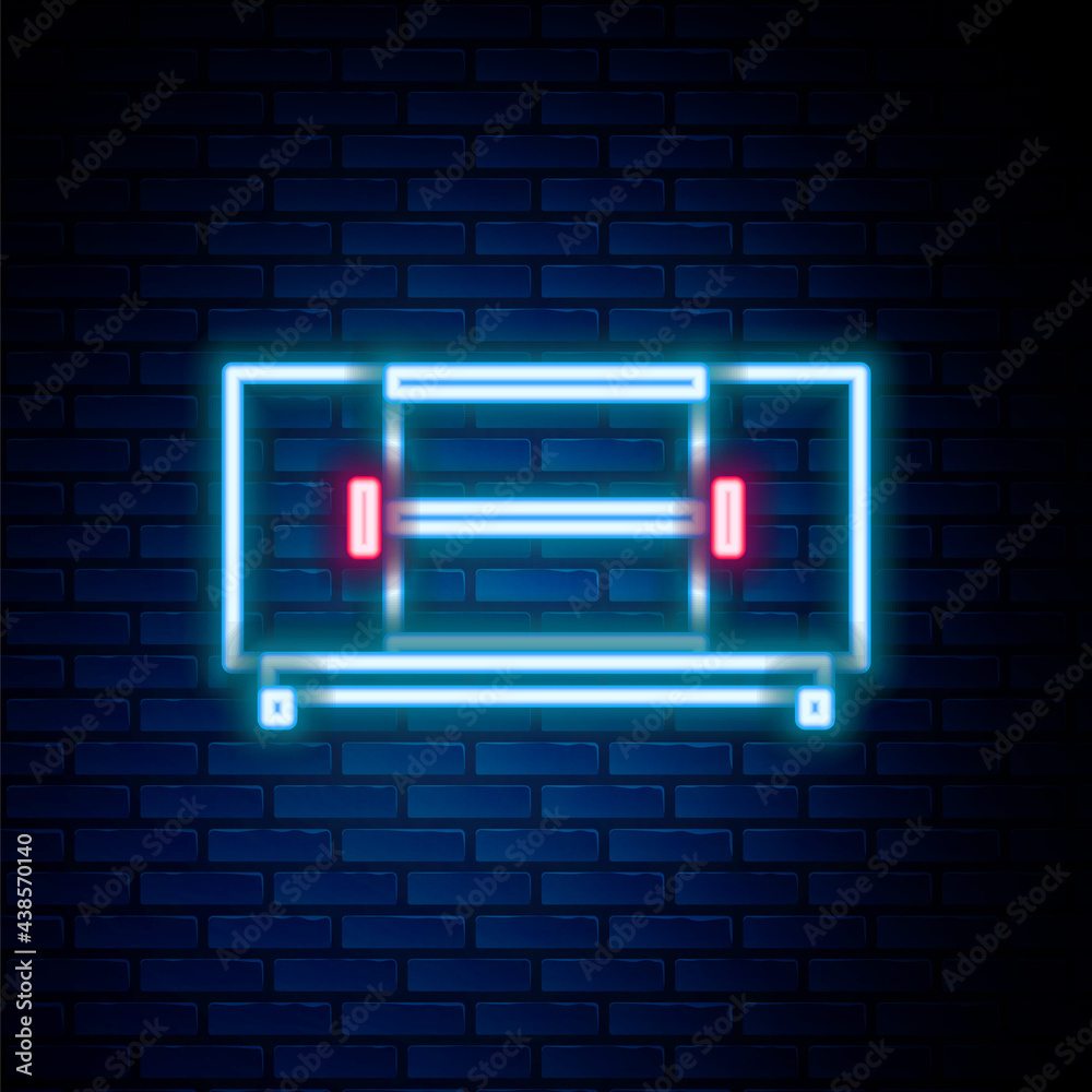 Glowing neon line TV table stand icon isolated on brick wall background. Colorful outline concept. Vector Glowing neon line TV table stand icon isolated on brick wall background. Colorful outline concept. Vector