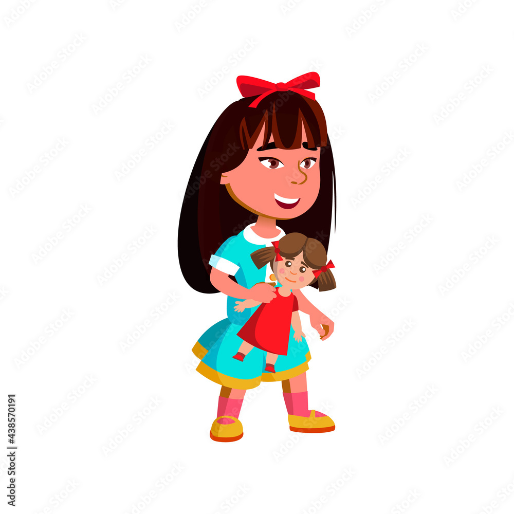 small asian girl playing with doll in kindergarten cartoon vector. small asian girl playing with doll in kindergarten character. isolated flat cartoon illustration