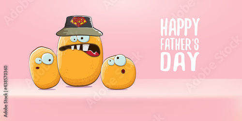 happy fathers day horizontal banner with cartoon father potato and son potato. cartoon funny comic fathers day vector label or icon isolated on soft pastel pink background