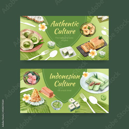 Twitter template with Indonesian snack concept watercolor illustration