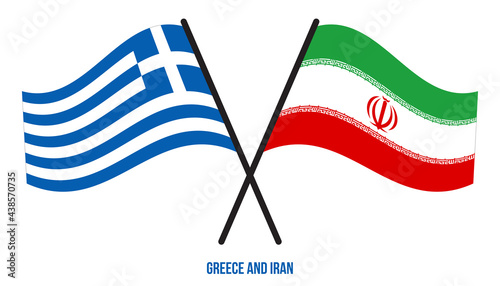 Greece and Iran Flags Crossed And Waving Flat Style. Official Proportion. Correct Colors.