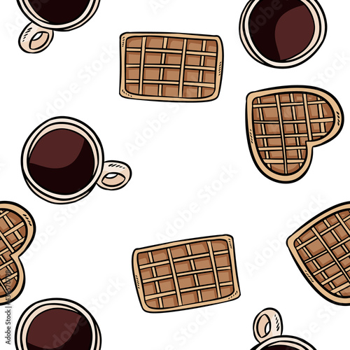 Belgian waffles and coffee cups doodles seamless border pattern. Cute cartoon tasty breakfast repeatable texture background tile. Cozy template of stock illustration for wrapping design, wallpaper
