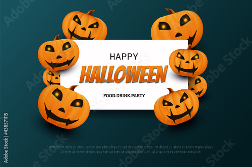 happy halloween on a white square background decorated with some orange pumpkins.