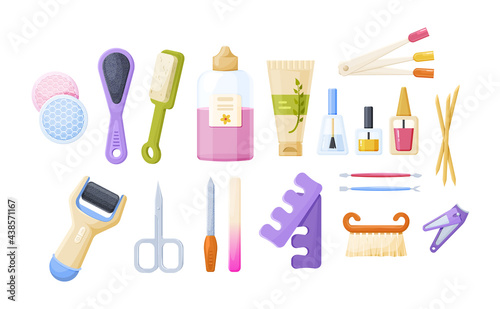 Collection of manicure, pedicure tools and cosmetics. Set of equipment for nails legs hands care