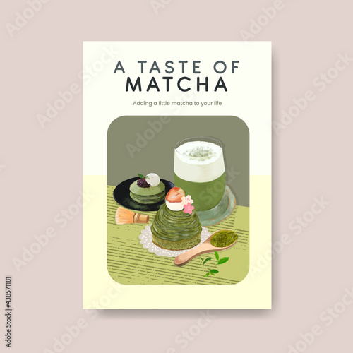 Poster template with matcha sweets concept,watercolor style