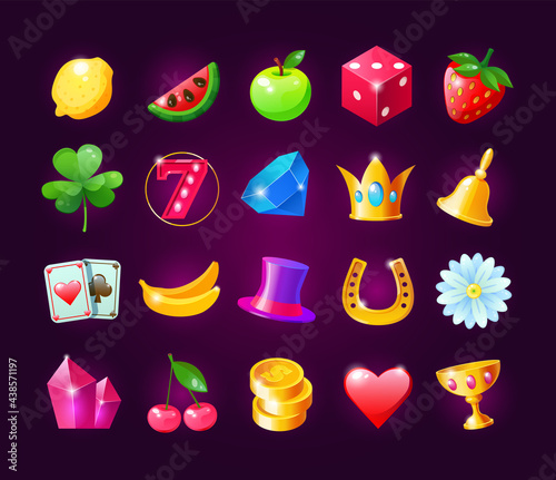 Realistic icons for casino slot machine. Game interface for gambling games lotteries casino machines. Bonus logos for gambling cartoon vector.
