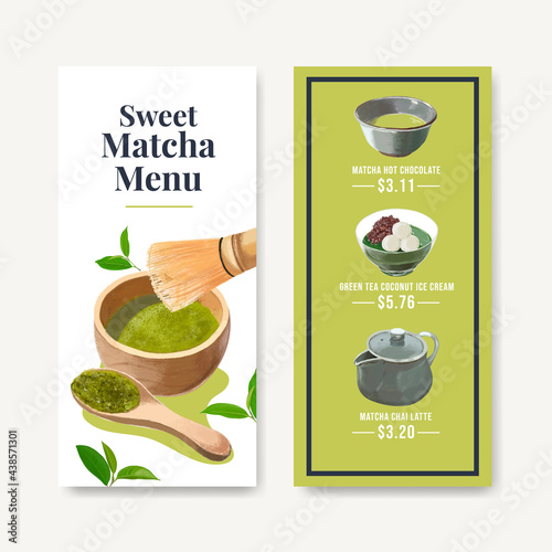 Menu template with matcha sweets concept,watercolor style