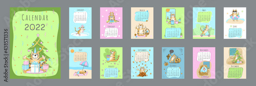 2022 calendar template. Cover and set of 12 months pages. Funny Cartoon ginger tabby cat character in different poses. Week starts on Monday. Vector illustration, vertical A4 format.