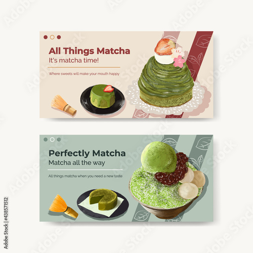 Twitter template with matcha sweets concept,watercolor style photo