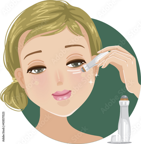 Eye roller girl with closed eyes using moisturizing eye roller