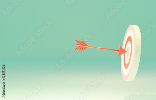3d rendering floating bullseye with the orange arrow hitting the target on turquoise color background. 