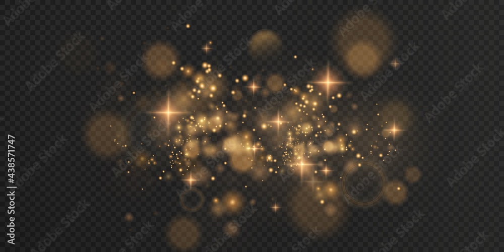 Gold sparkling dust with gold sparkling stars on a transparent background.Glittering texture. Christmas effect for luxury greeting rich card. Gold dust PNG.