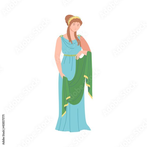 Young Female as Roman Empress in Long Dress Wearing Crown Vector Illustration