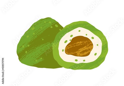 Matcha pastry with green tea flavor and chocolate filling. Japanese vegan candy. Natural sugar-free Asian sweets. Flat vector illustration of chinese dessert isolated on white background