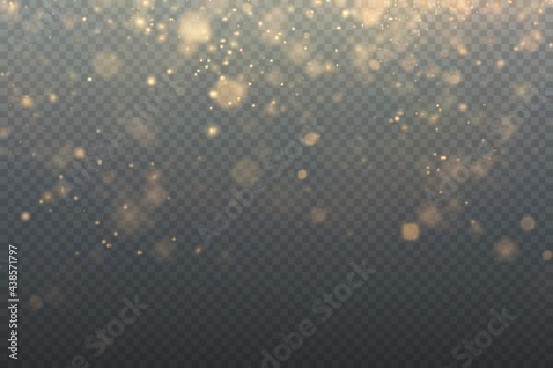 Gold sparkling dust with gold sparkling stars on a transparent background.Glittering texture. Christmas effect for luxury greeting rich card. Gold dust PNG.