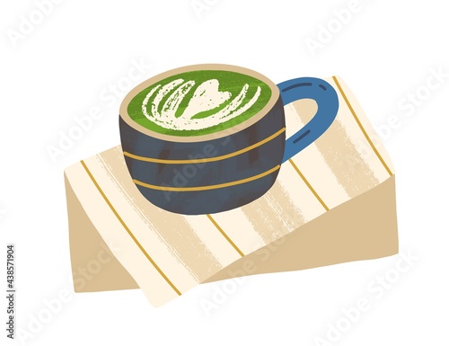 Green matcha coffee with foam in cup. Herbal cappuccino or latte. Japanese ve...