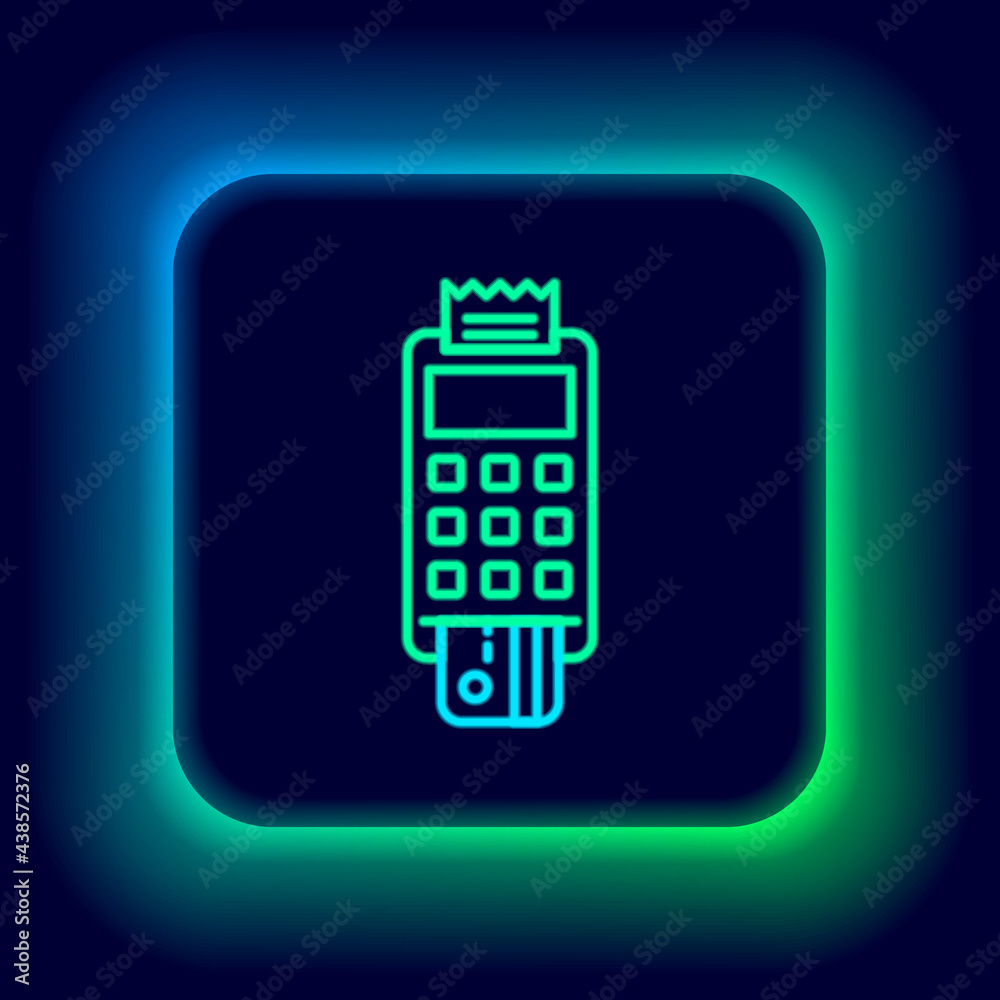 Glowing neon line POS terminal with inserted credit card and printed reciept icon isolated on black background. NFC payment concept. Colorful outline concept. Vector Glowing neon line POS terminal with inserted credit card and printed reciept icon isolated on black background. NFC payment concept. Colorful outline concept. Vector