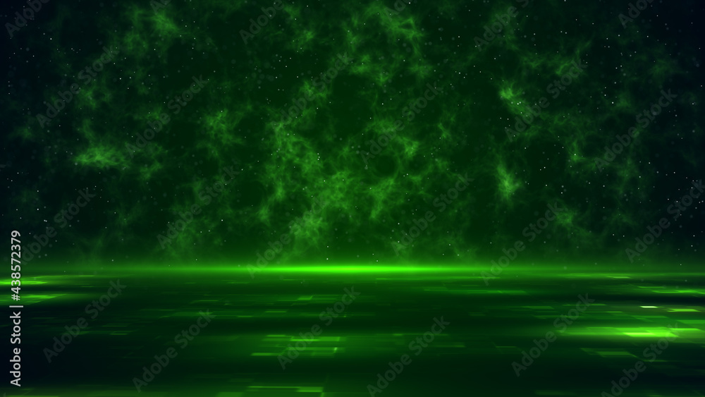 Abstract Green Shine Tech Digital Floor With Glitter Dust And Fractal Cloudy Background