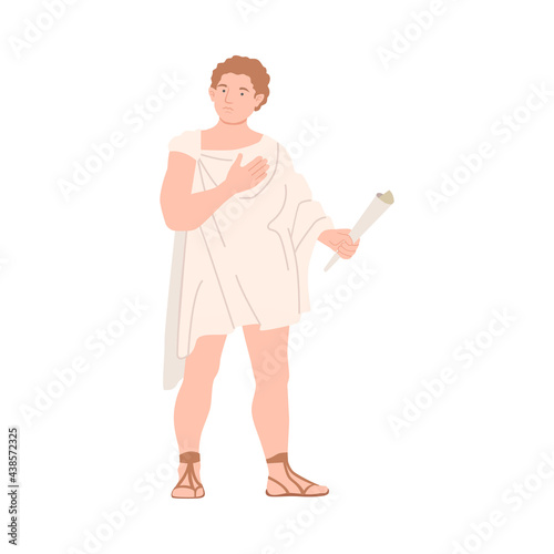 Young Male Roman Wearing Long Tunic and Sandals as Traditional Clothes Vector Illustration