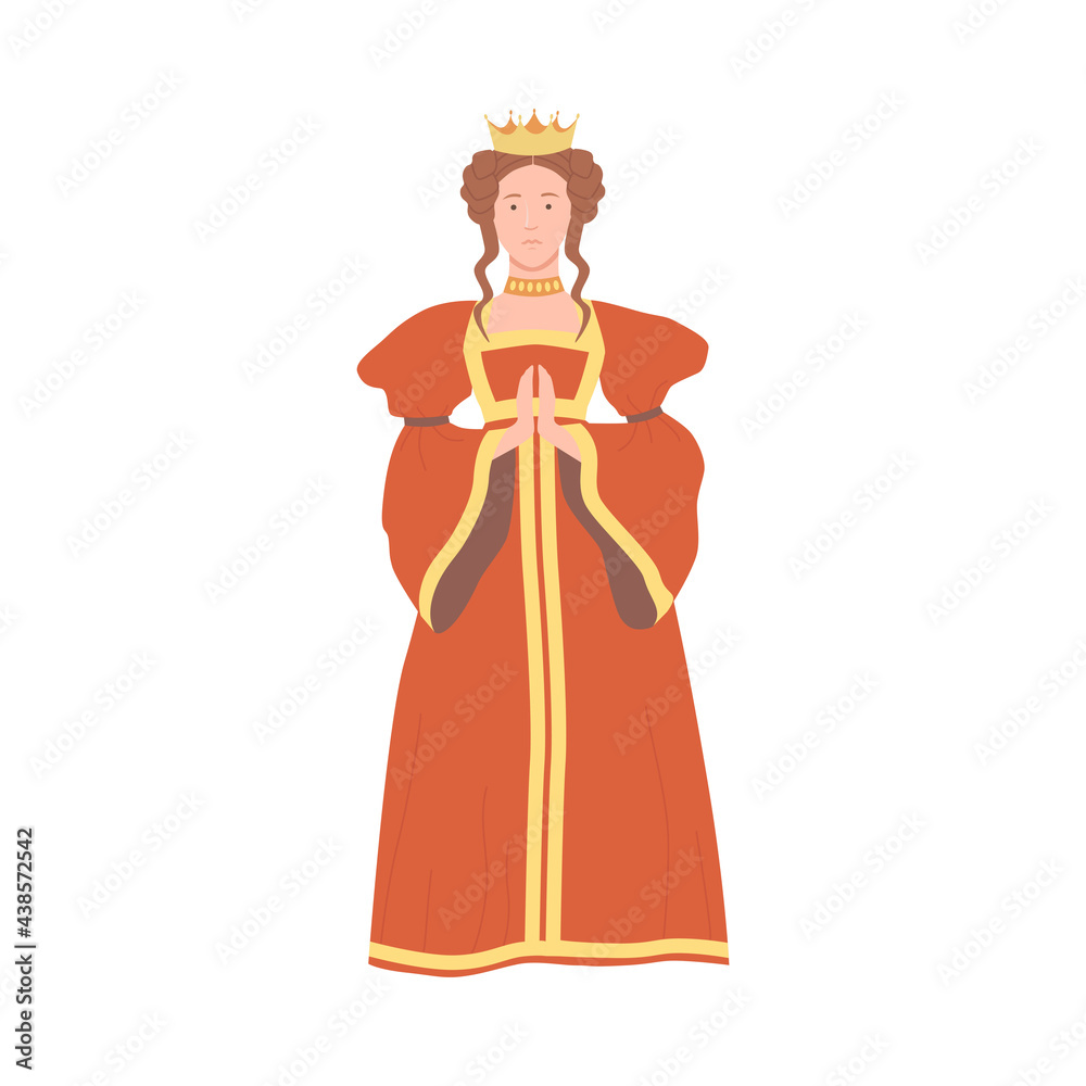 Queen in Red Dress with Golden Crown on Her Head as Fabulous Medieval Character from Fairytale Vector Illustration