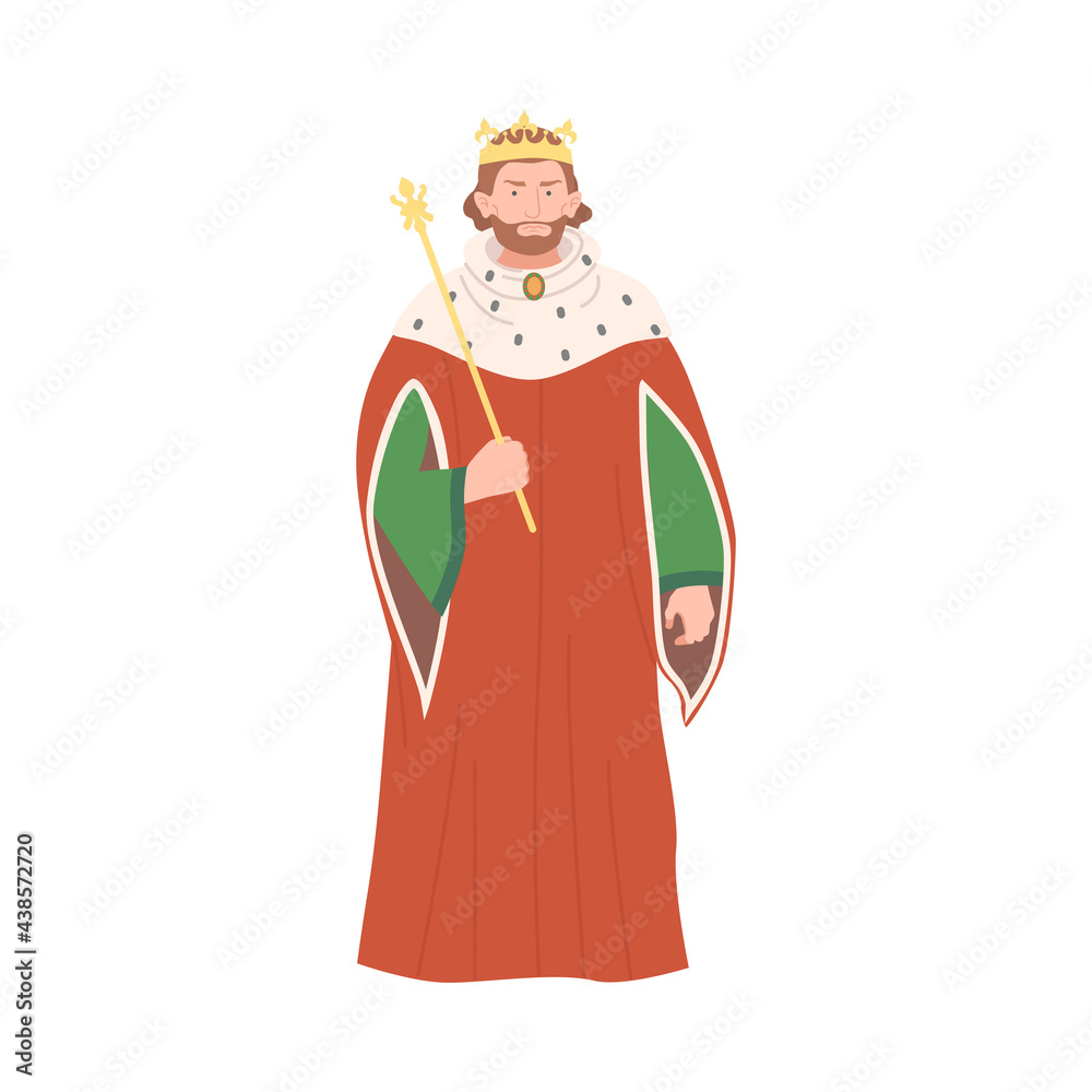 Bearded King with Crown and Scepter as Fabulous Medieval Character from Fairytale Vector Illustration