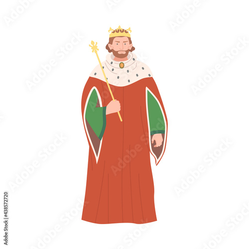 Bearded King with Crown and Scepter as Fabulous Medieval Character from Fairytale Vector Illustration