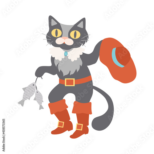 Pussy in Boots Holding Fish as Fabulous Medieval Character from Fairytale Vector Illustration
