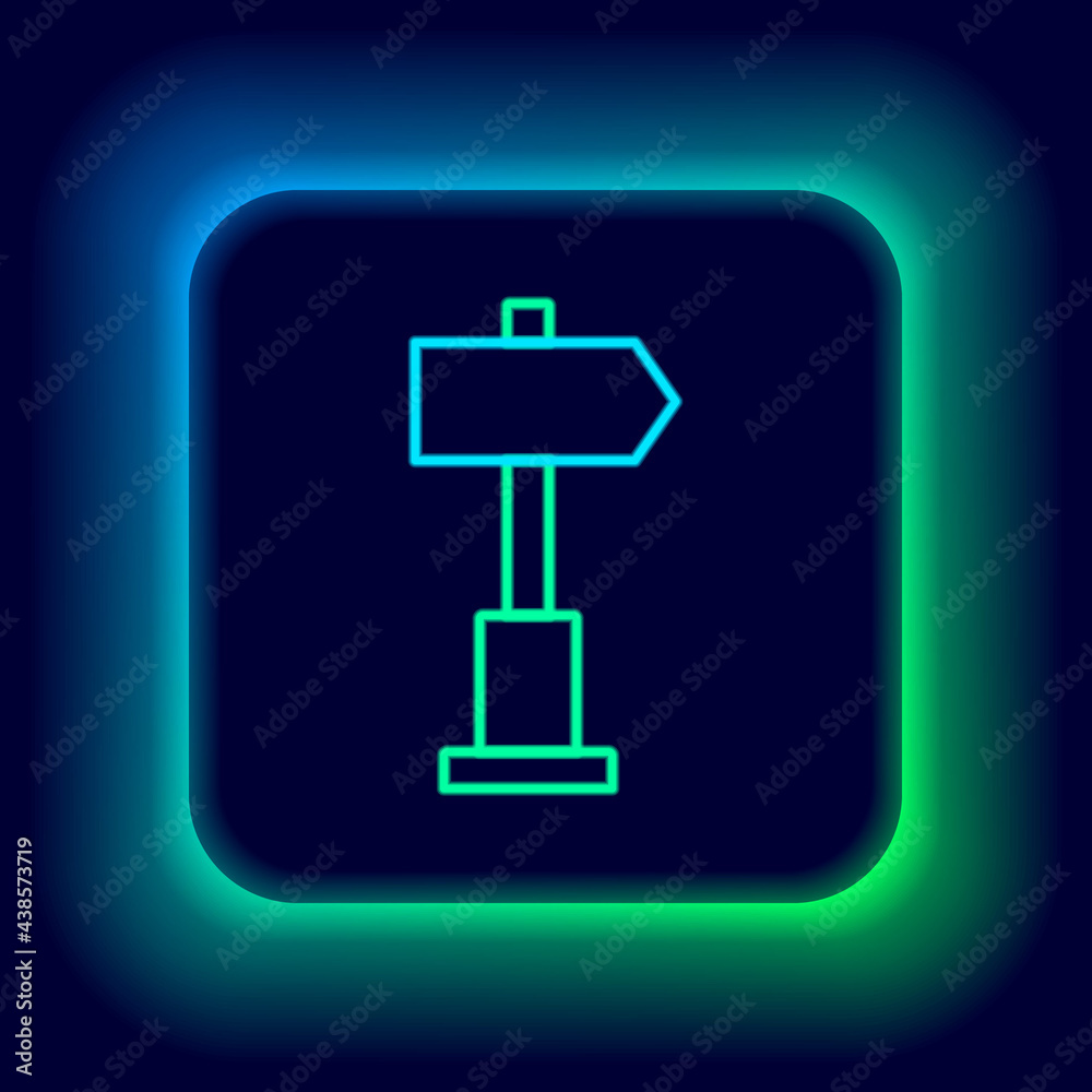 Glowing neon line Road traffic sign. Signpost icon isolated on black background. Pointer symbol. Street information sign. Direction sign. Colorful outline concept. Vector Glowing neon line Road traffic sign. Signpost icon isolated on black background. Pointer symbol. Street information sign. Direction sign. Colorful outline concept. Vector