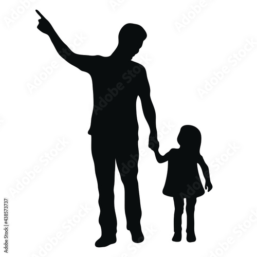 Silhouette of a father and child holding hands. Male silhouette with little girl vector illustration.