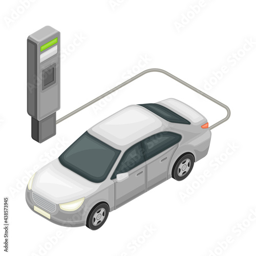 Electrocar or Motor Vehicle Charging Accumulator Battery as Smart City Isometric Vector Illustration