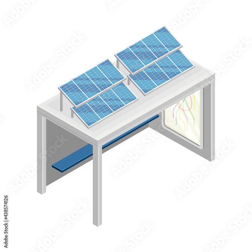 Bus Stop Powered by Solar Panel Rested on Top as Smart City Isometric Vector Illustration