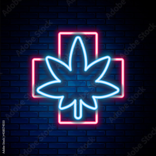 Glowing neon line Medical marijuana or cannabis leaf icon isolated on brick wall background. Hemp symbol. Colorful outline concept. Vector