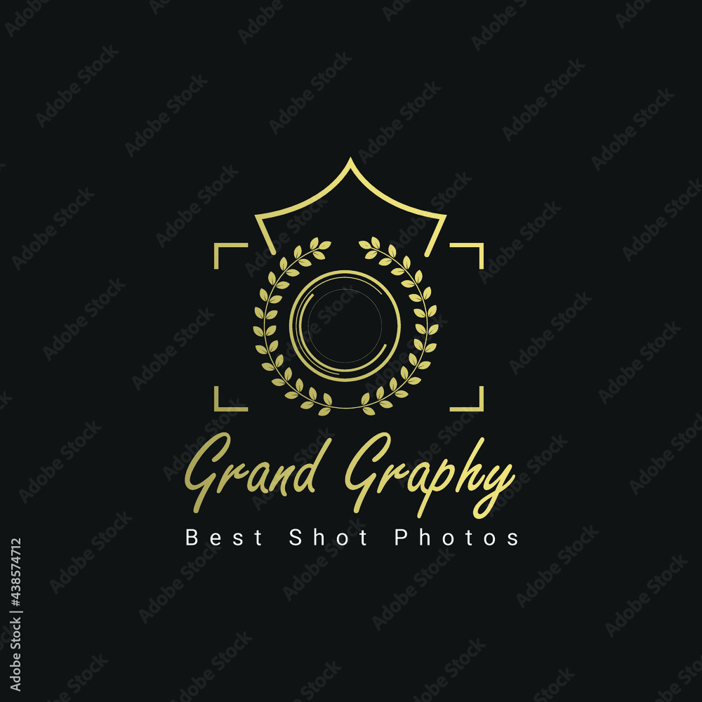 Naklejka premium photography logo design with a camera and caesar crown leaves