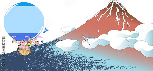 富士山に気球に乗った夏の家族とカモメ