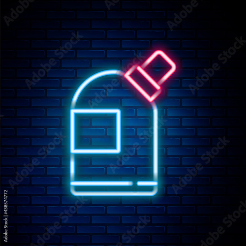 Glowing neon line Plastic bottles for laundry detergent, bleach, dishwashing liquid or another cleaning agent icon isolated on brick wall background. Colorful outline concept. Vector