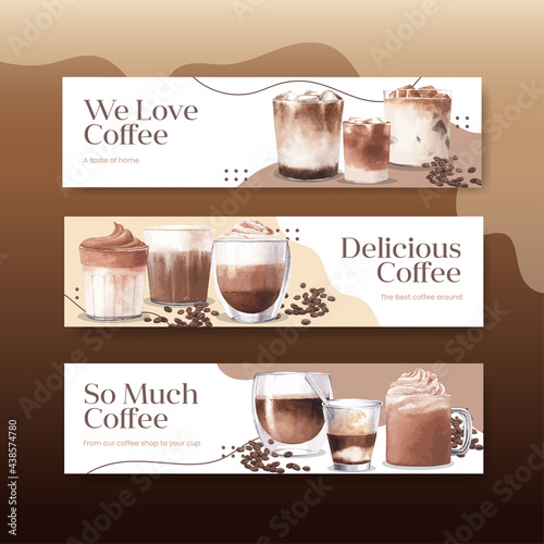 Banner template with coffee concept watercolor illustration