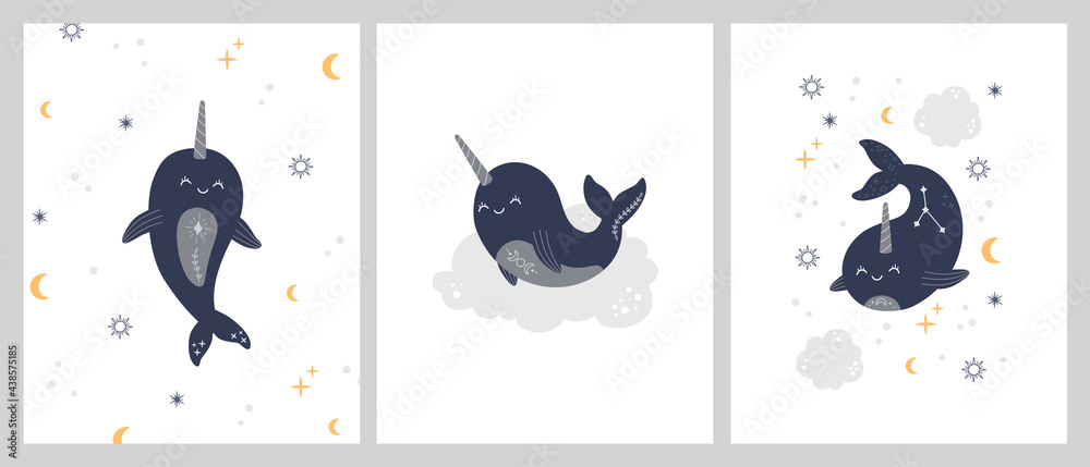 Kawaii celestial narwhals, cute magic sea animals with horn posters collection for greeting cards and nursery. Mystical fun prints for kids. Modern trendy vector illustration, pastel colors boho style