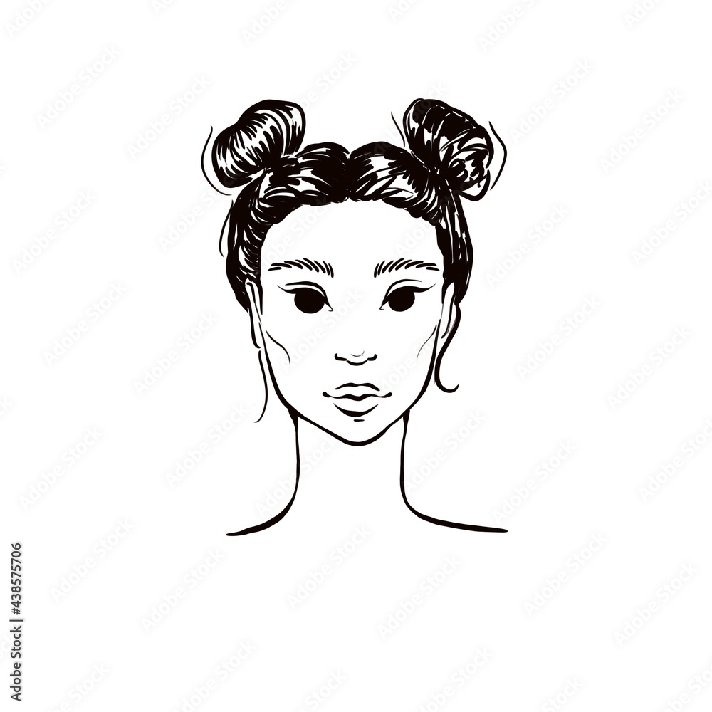Illustration portrait of cute girl. Brunette woman with hair buns. Face chart Illustration portrait of cute girl. Brunette woman with hair buns. Face chart
