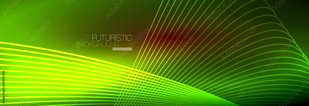 Abstract neon glowing light in the dark with waves. Shiny magic energy and motion concept, vector abstract wallpaper background Abstract neon glowing light in the dark with waves. Shiny magic energy and motion concept, vector abstract wallpaper background