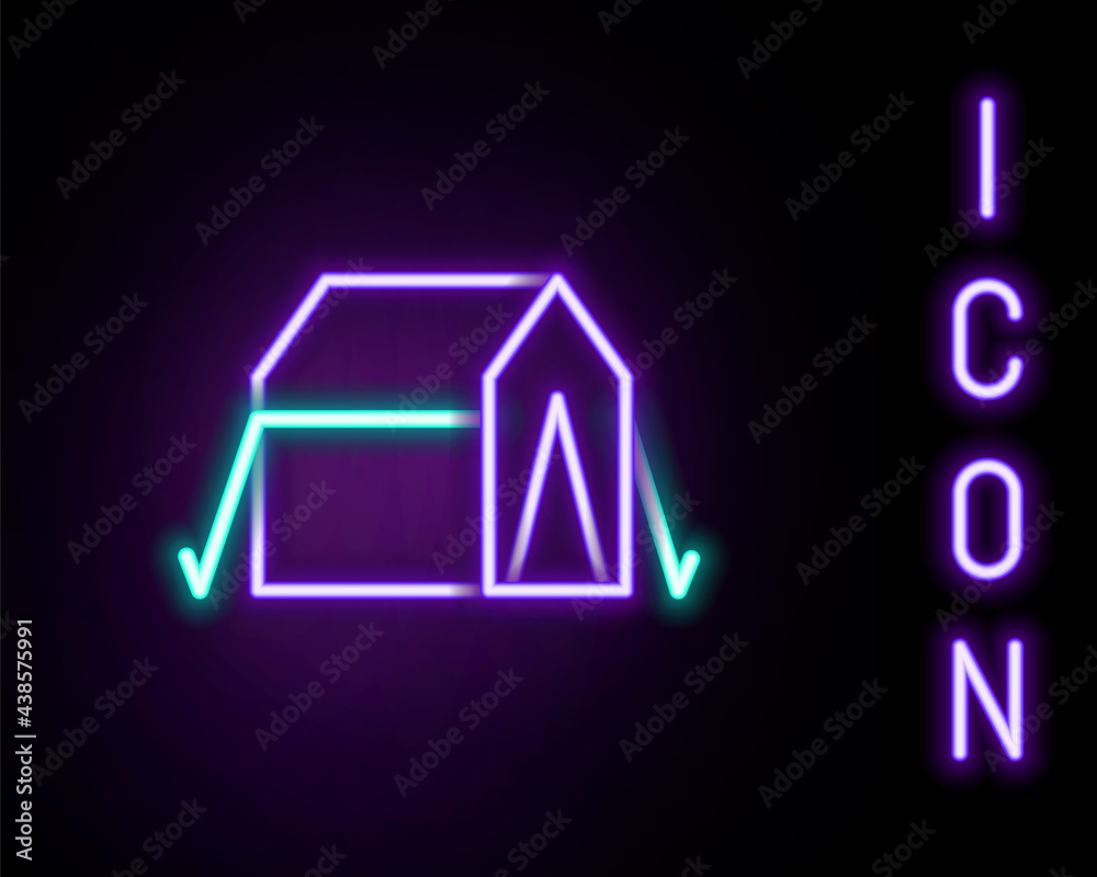 Glowing neon line Tourist tent icon isolated on black background. Camping symbol. Colorful outline concept. Vector