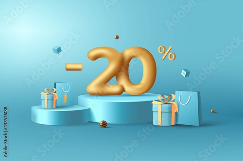 20% Off. 3D Gold Discount numbers on podium with shopping bag and gift box vector. Price off tag design on blue background vector illustration