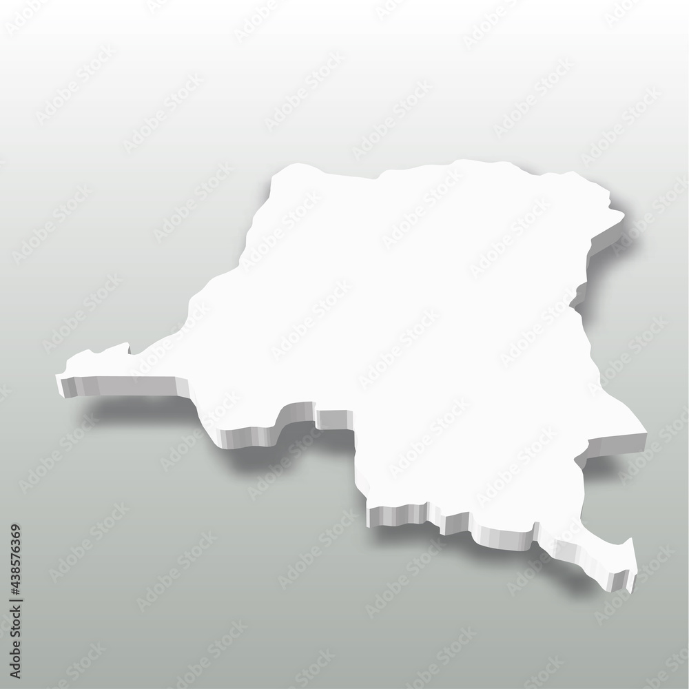 Democratic Republic of the Congo - white 3D silhouette map of country area with dropped shadow on grey background. Simple flat vector illustration.