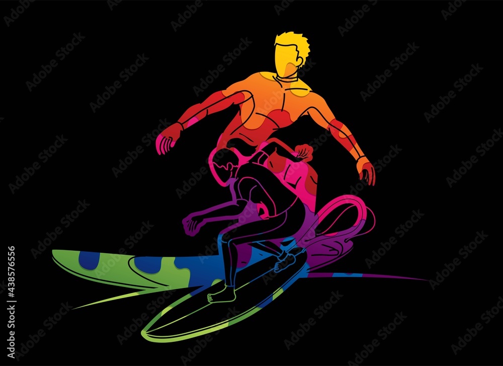 Surfer Action Group of Surfing Sport Man and Woman Players Cartoon Graphic Vector
