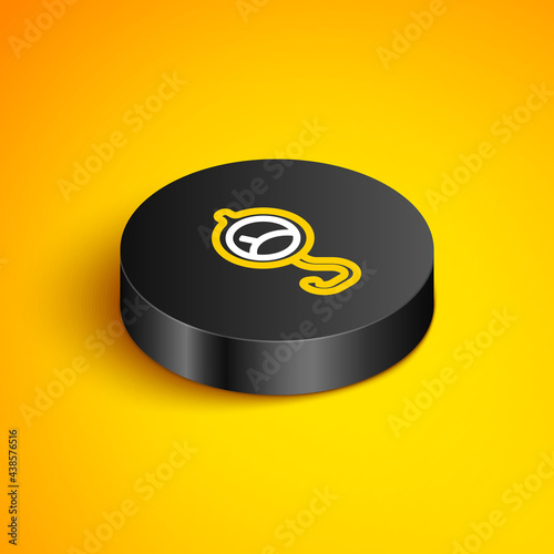 Isometric line Spring scale icon isolated on yellow background. Balance for weighing. Determination of weight. Black circle button. Vector