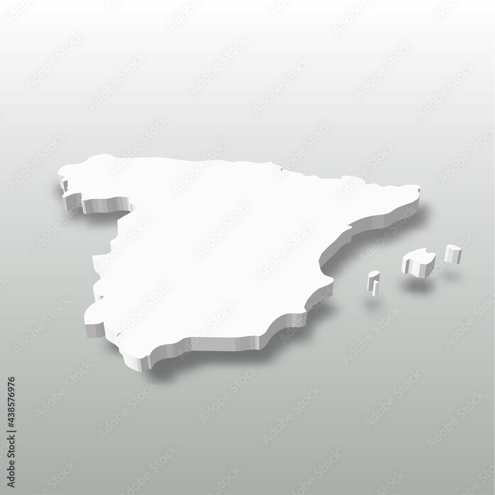 Spain - white 3D silhouette map of country area with dropped shadow on ...