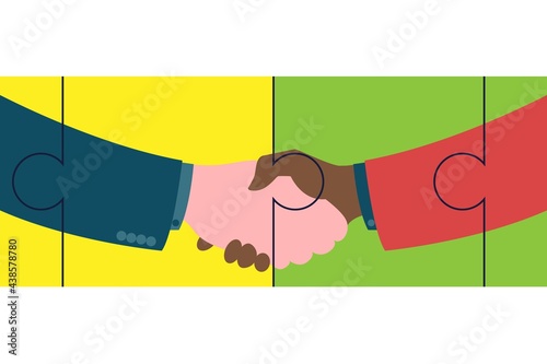 Handshake of business partners. Strong and firm handshake clap in puzzle elements. Vector flat style illustration symbol of success, agreement, good deal, partnership concepts.
