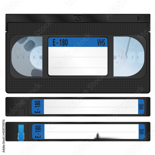 vhs video cassettes with the upper and side sides. realistic vector design. a torn sticker on one of the cassettes © pal1983